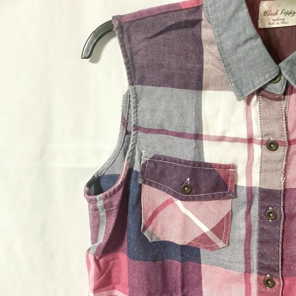 Black Poppy Women's M Plaid Button Down Tie Front Top - Picture 6 of 10